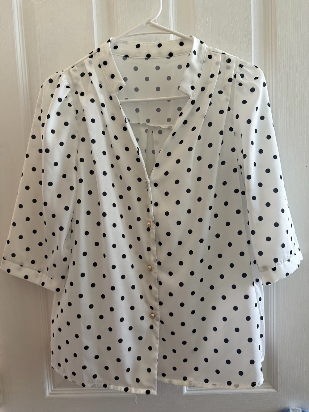 White Satin Polka Dot Button-Front Blouse
